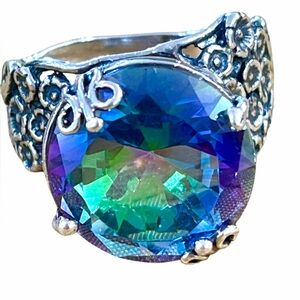Sterling silver ring with mystic topaz gemstone and floral design Israel 925